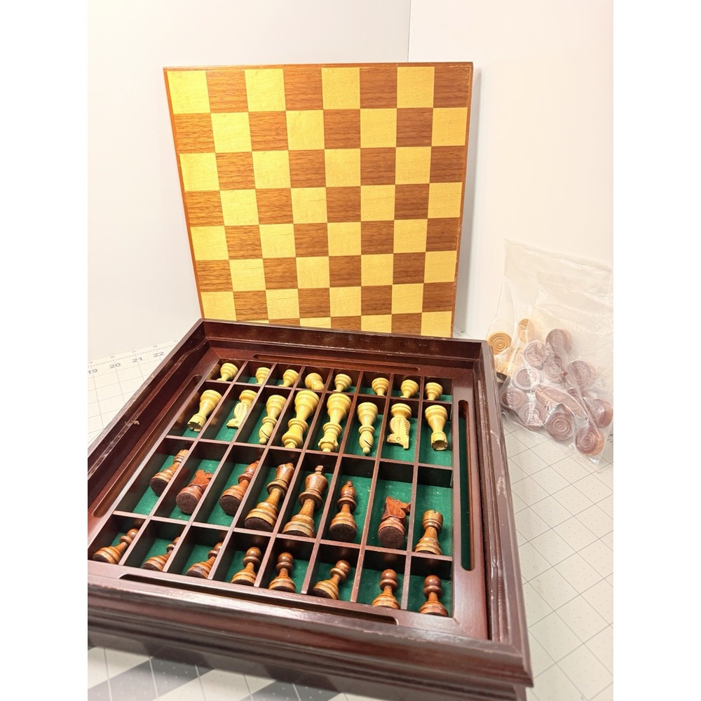 Vintage Wooden Chess and Checkers Set 2-in-1 Board Game with Storage Case